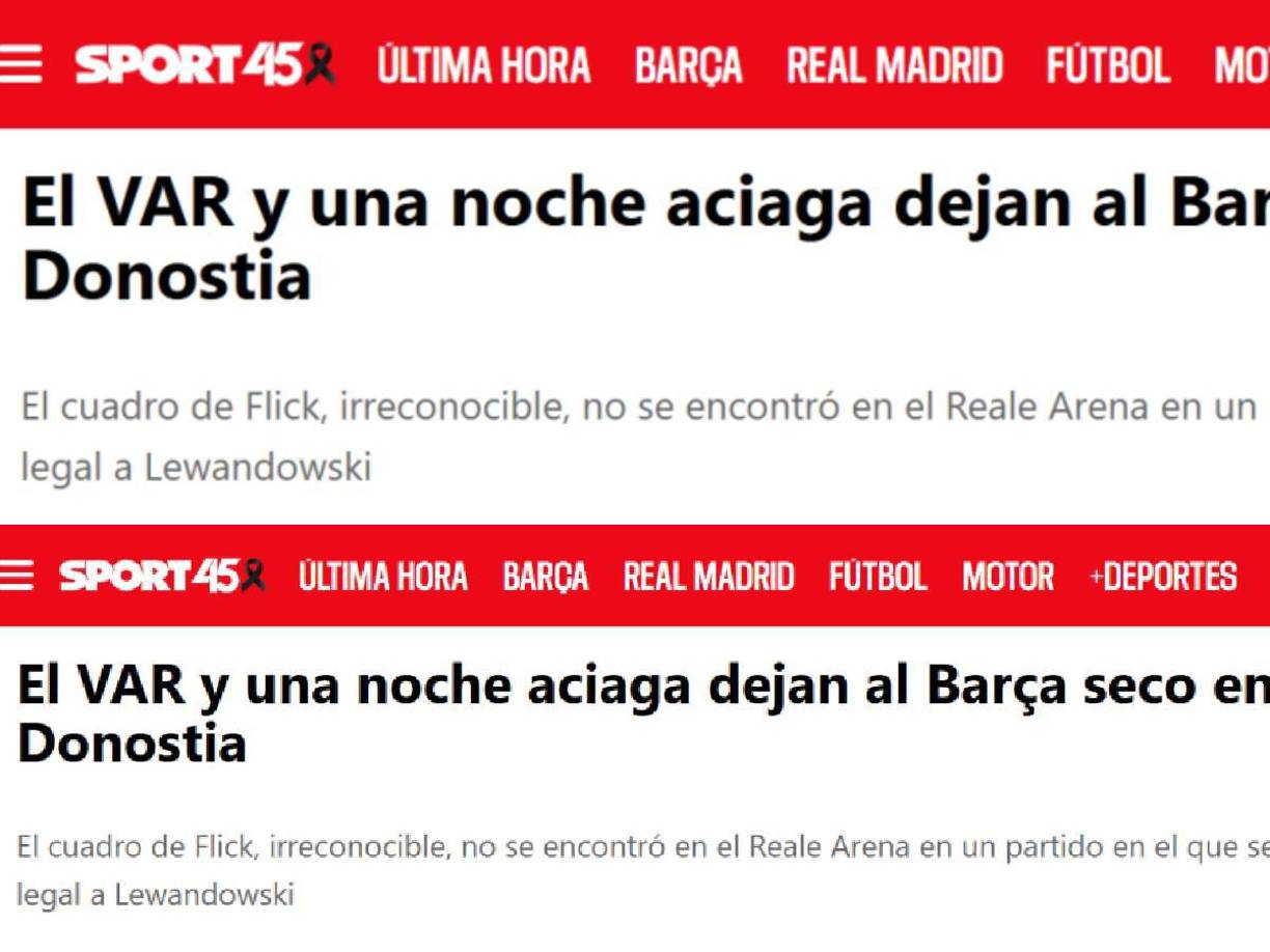 Diario Sport: “El VAR y una noche aciaga dejan al Barça seco en Donostia”