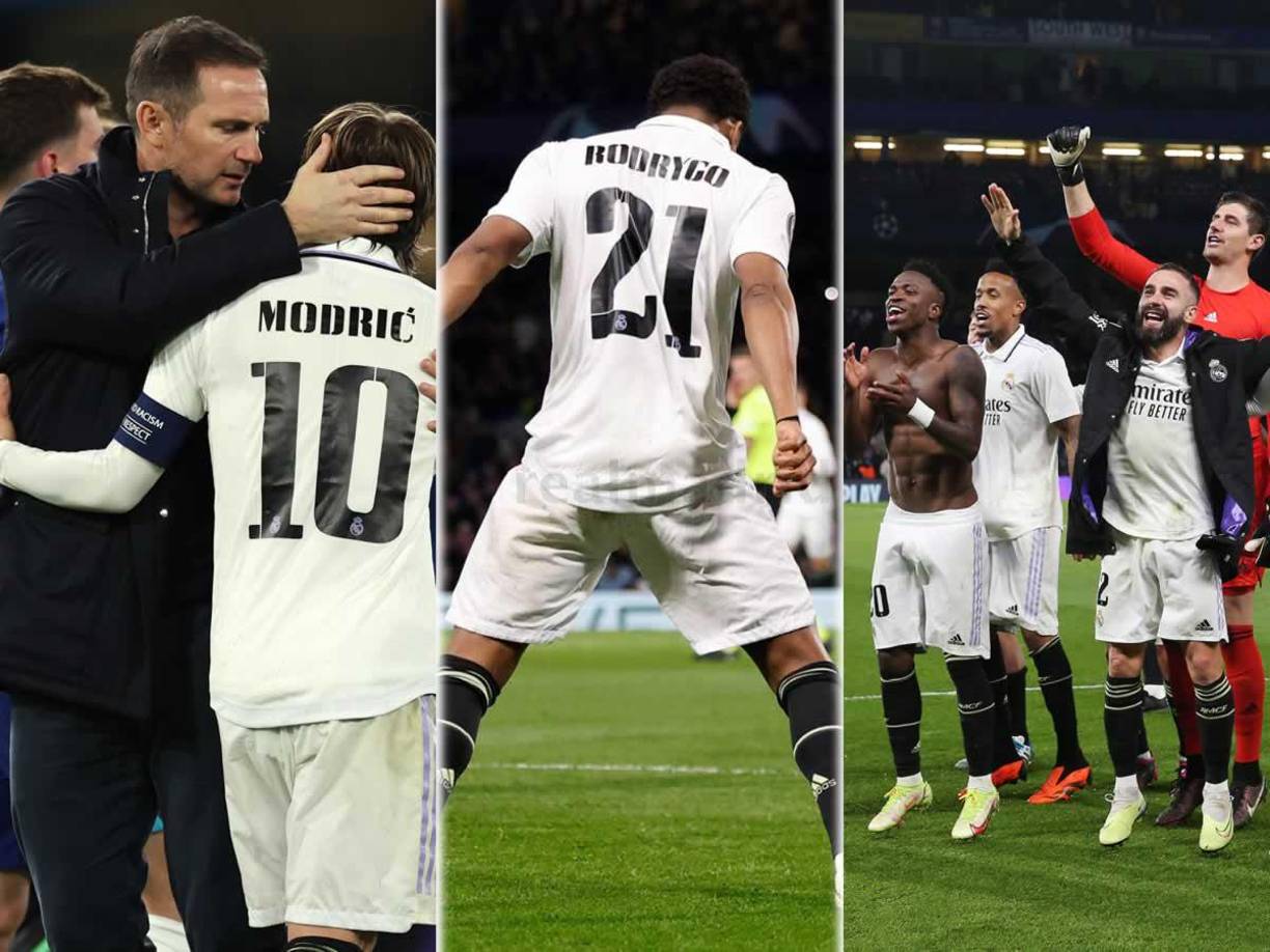 Las imágenes de la victoria del Real Madrid (0-2) sobre el Chelsea en Stamford Bridge en la vuelta de cuartos de final de la Champions League, celebrando la clasificación a las semifinales.
