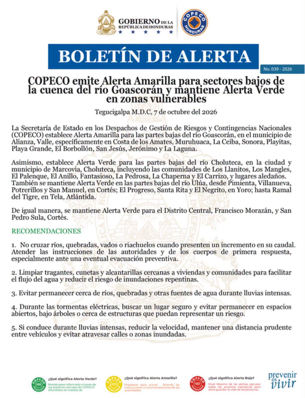 Copeco pidió a la población de las zonas vulnerables mantenerse atenta a los boletines oficiales y evitar cruzar ríos, quebradas y sectores inundados, mientras permanece activa la Alerta Amarilla.