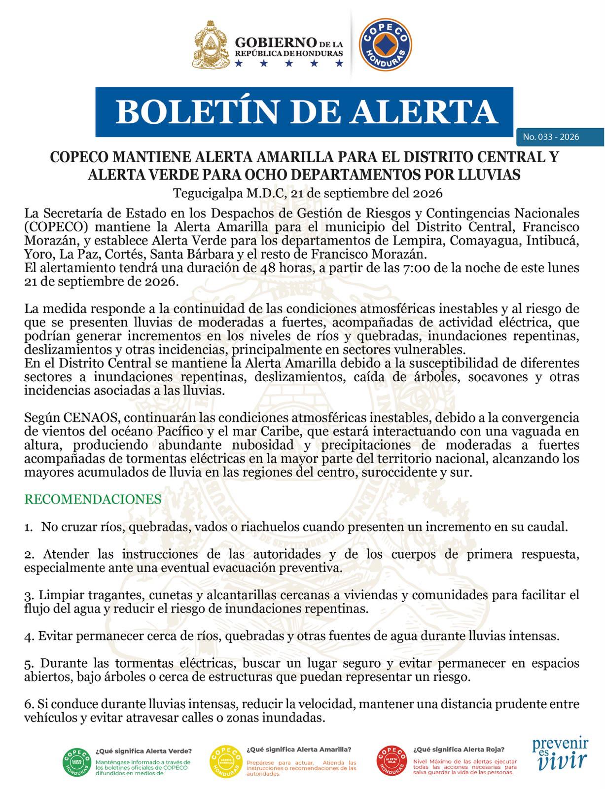 Copeco mantiene alerta amarilla en el Distrito Central y verde para ocho departamentos por 48 horas