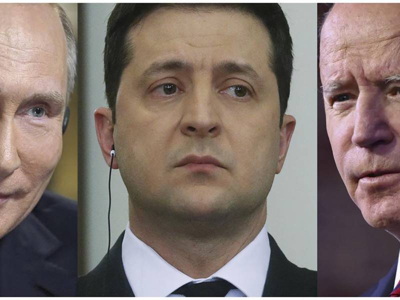 Vladimir Putin, Volodymyr Zelensky y Joe Biden.