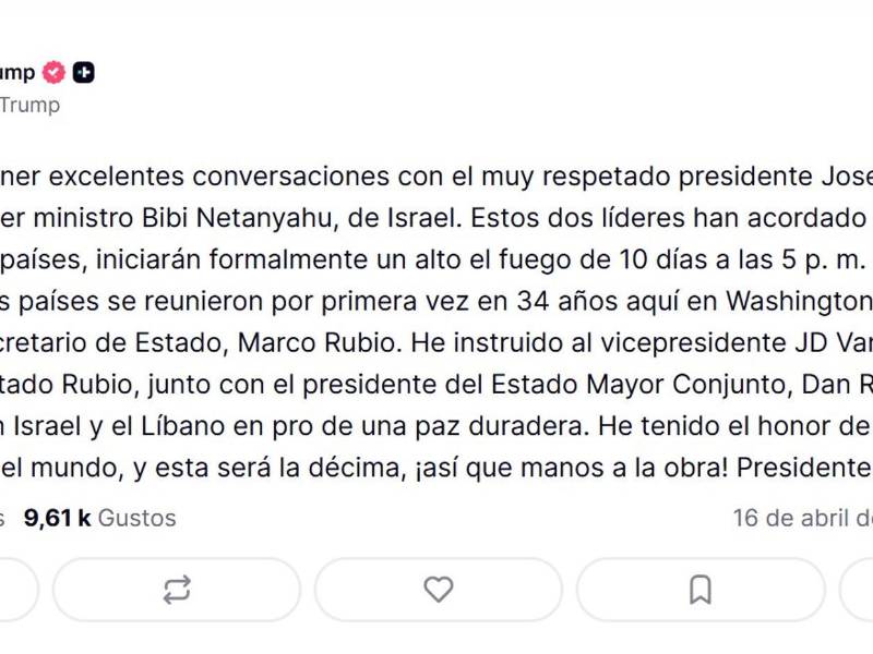 Imagen tomada de la red social Truth Social de la cuenta oficial del presidente de Estados Unidos, Donald Trump, @realDonaldTrump.