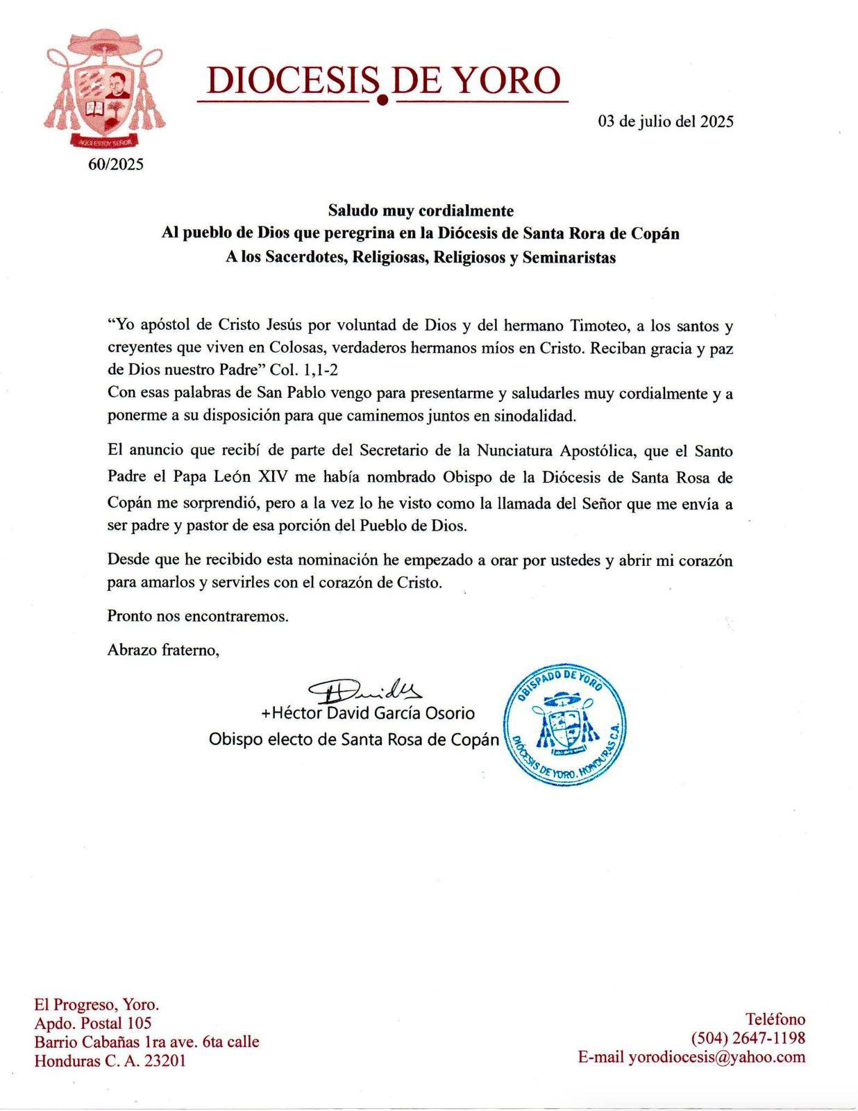 Así anunció su nombramiento el padre Héctor García, nuevo obispo de la Diócesis de Santa Rosa de Copán.