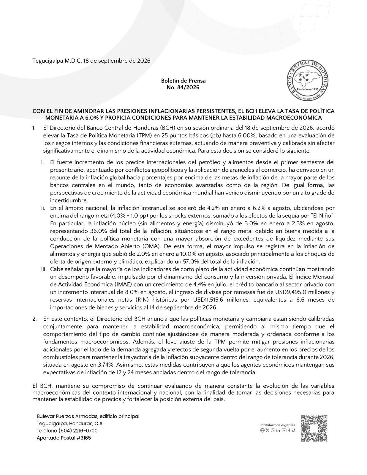 Comunicado del Banco Central de Honduras.