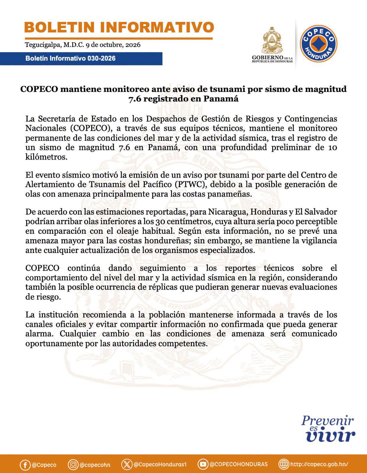 Copeco descarta alerta de tsunami tras fuerte terremoto en Panamá