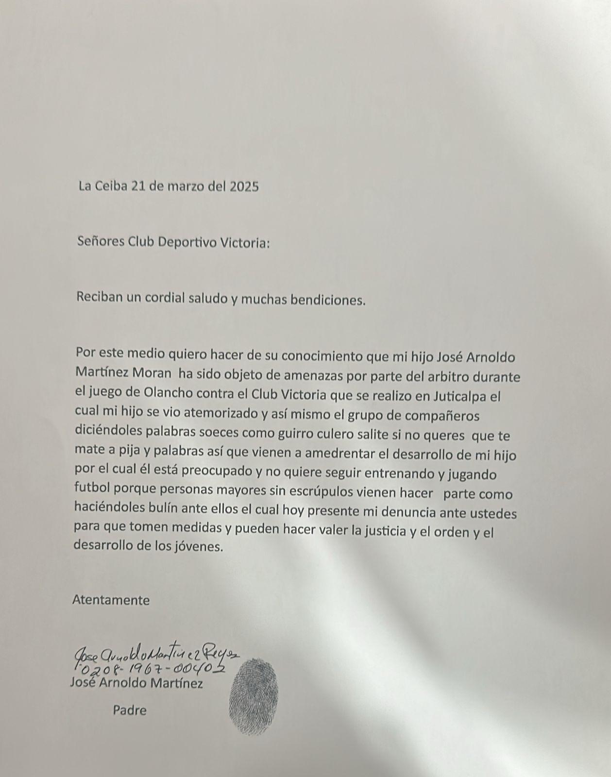 Carta enviada por el padre de familia al CD Victoria.