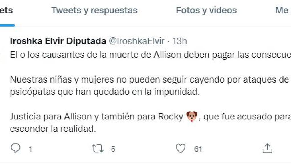 Iroshka Elvir pide “justicia para Allison y también para Rocky”