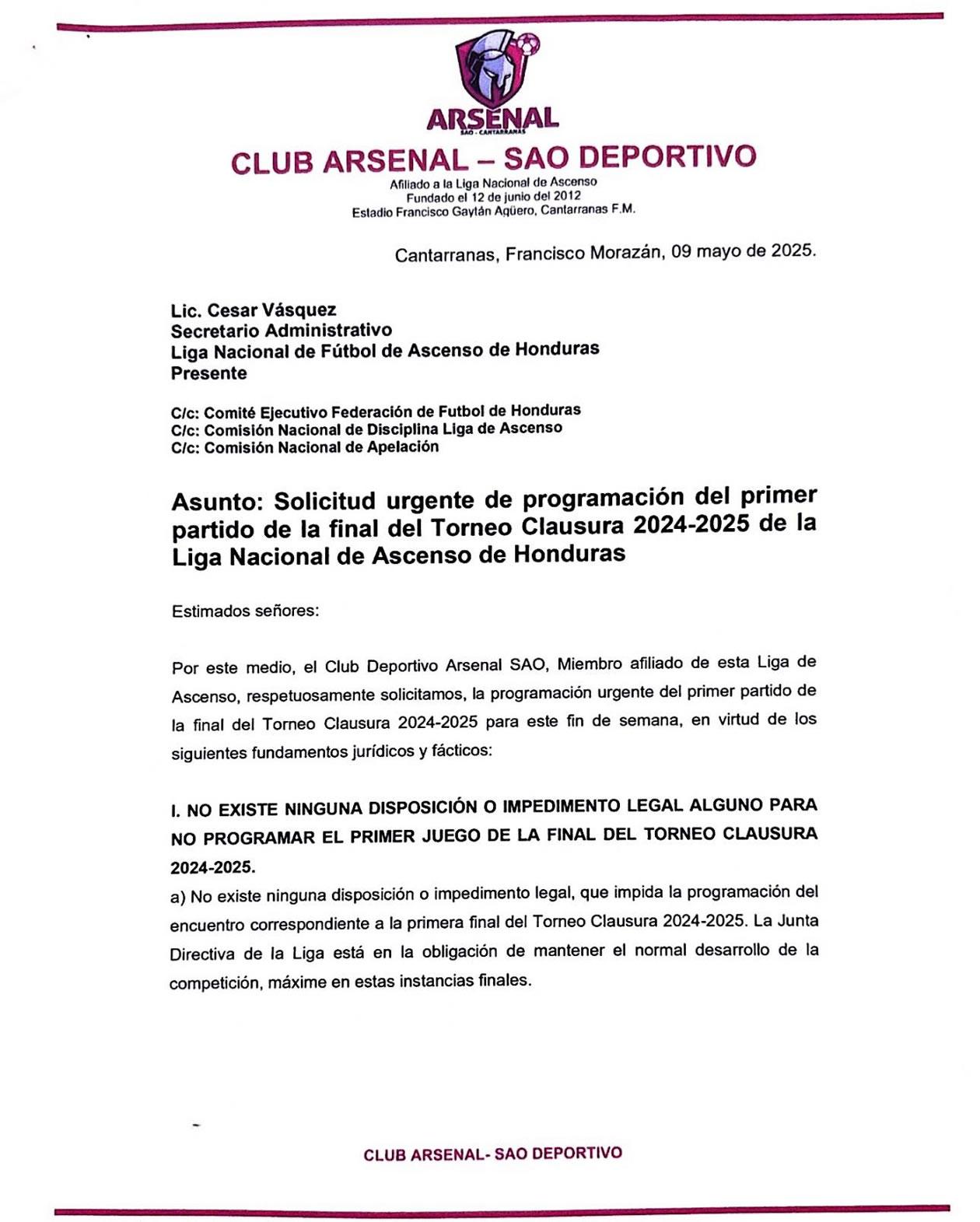 El Arsenal SAO emitió un comunicado pidiendo la programación del primer partido de la final.