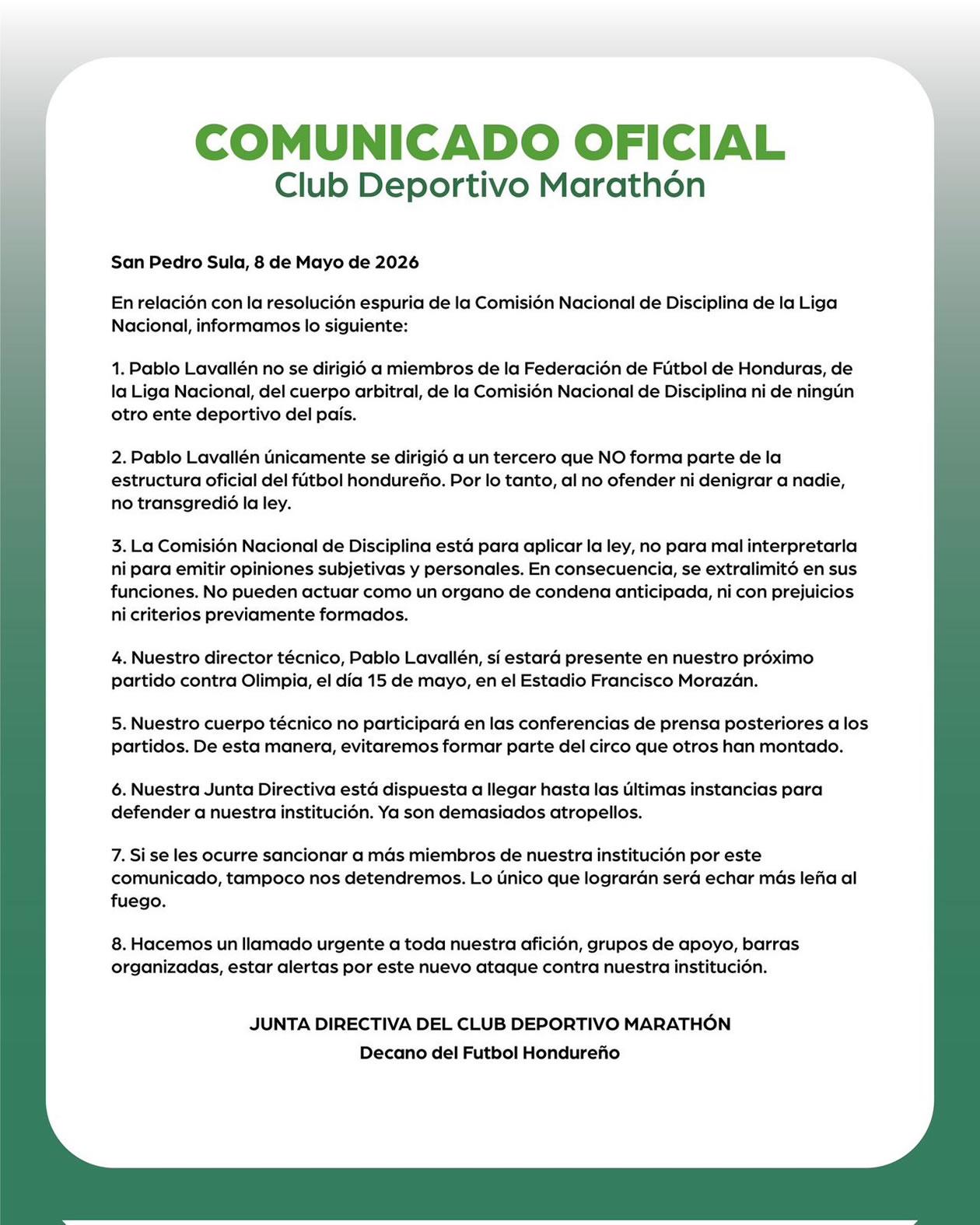 Este fue el comunicado que mandó el Marathón tras el castigo a Pablo Lavallén.