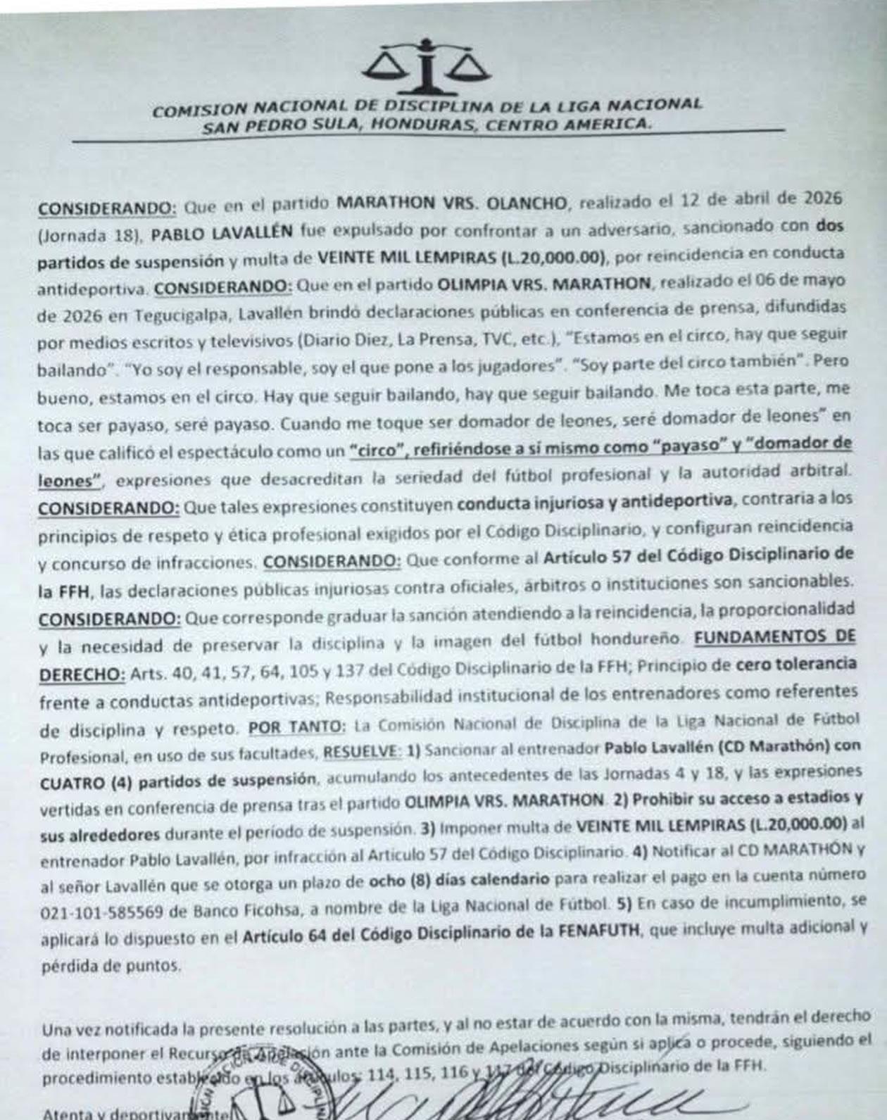 El escrito de la Comisión de Disciplina sobre el castigo de Pablo Lavallén.