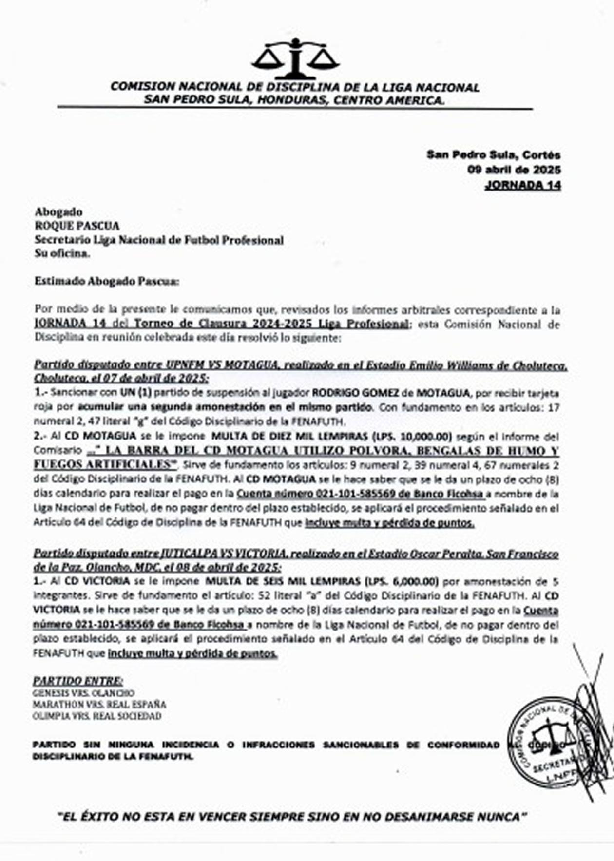El comunicado de la Comisión de Disciplina.
