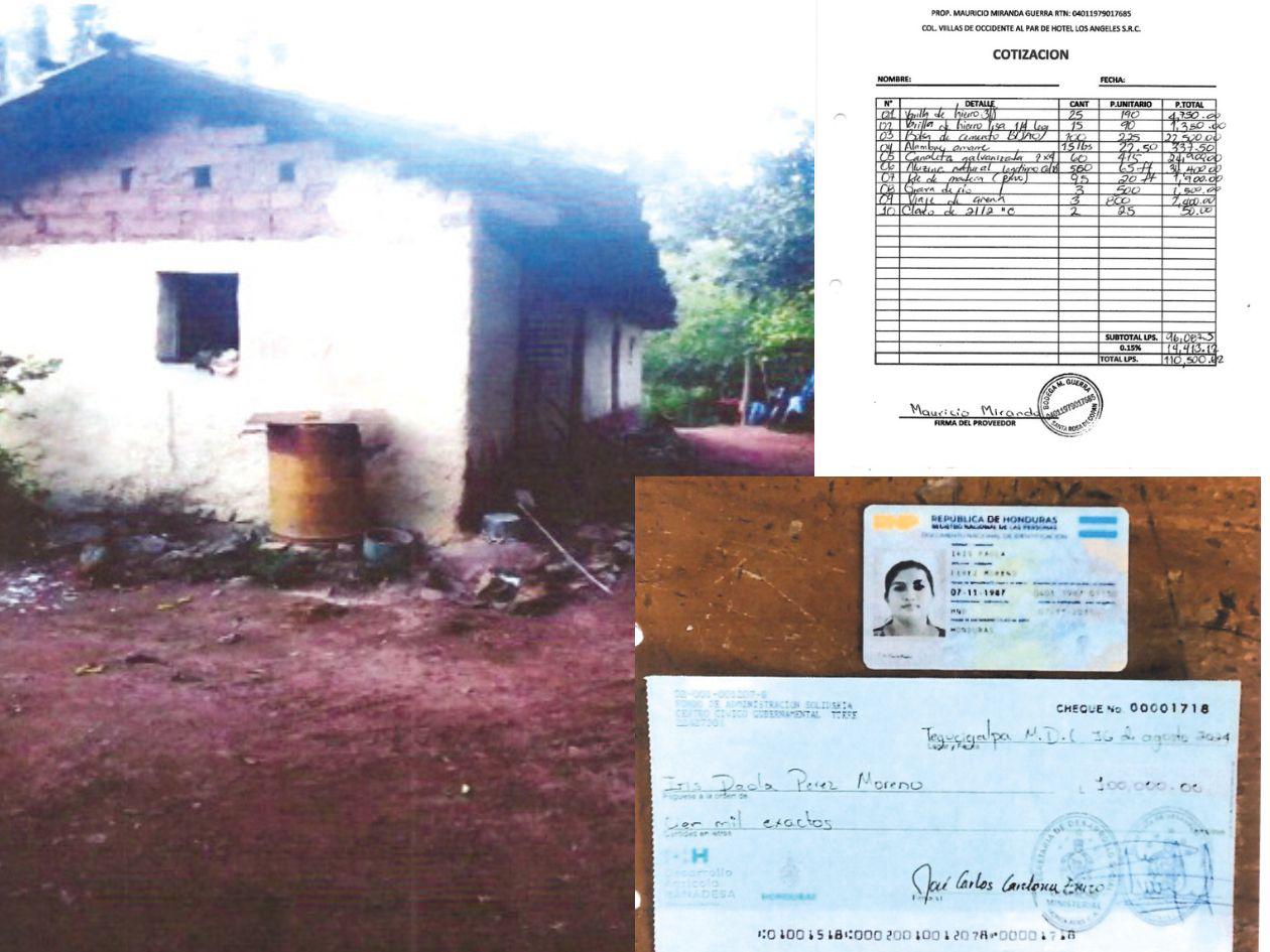 Iris Paola Pérez Moreno, excuñada de Isis Cuéllar, presentó a Sedesol una solicitud para su vivienda en Copán. Le desembolsaron 100,000 lempiras, sin embargo, esa misma cotización fue presentada por otra persona.