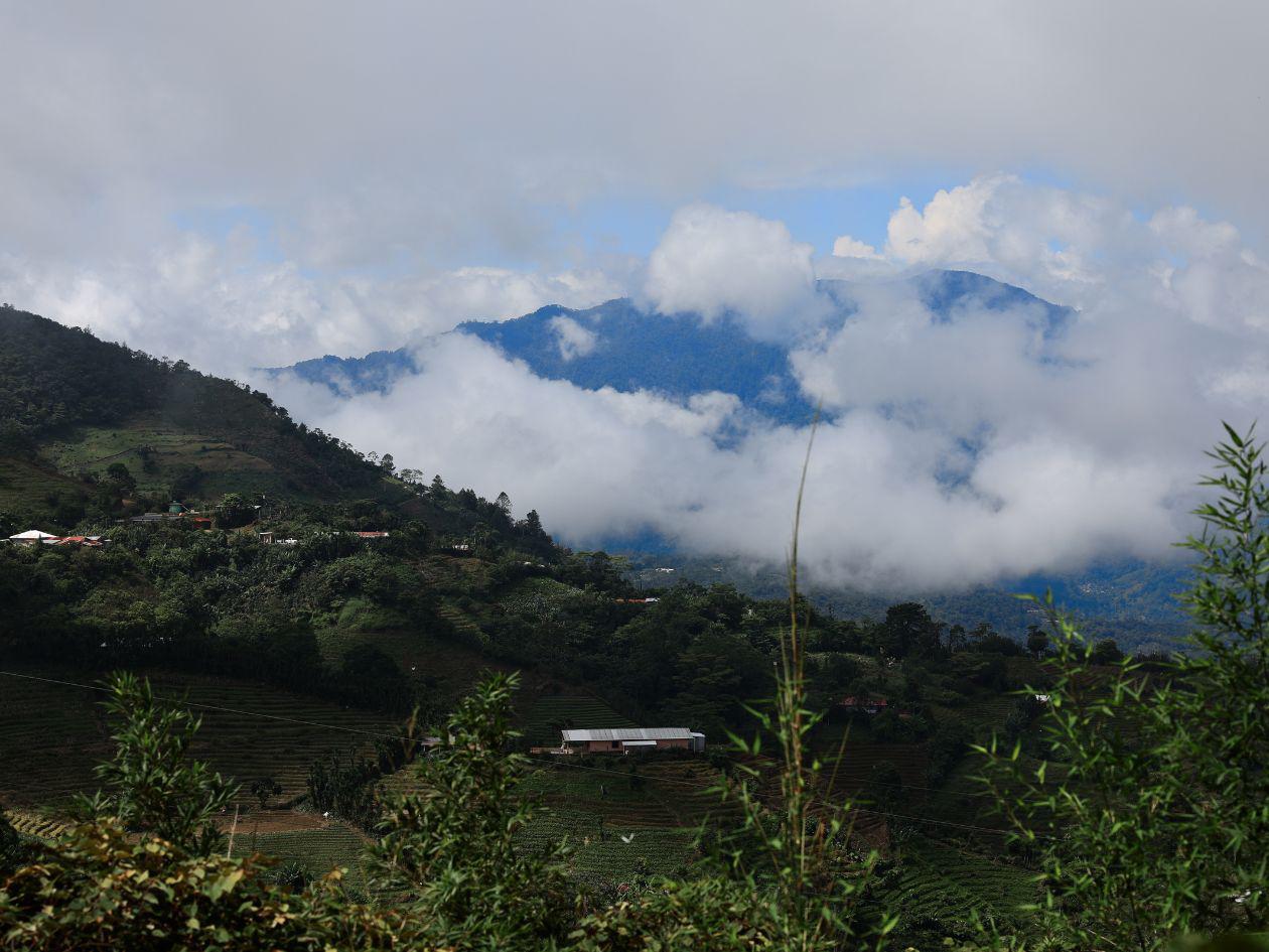 Vista de El Gallito y el Parque Nacional Cusuco desde el campo de hortensias de don Carmelo Funez. Desde ahí se ven los mejores atardeceres del otro lado de la montaña.