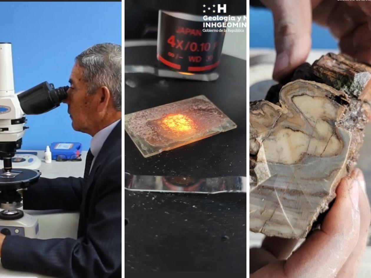 En el microscopio el ingeniero Díaz realizando análisis geológicos.