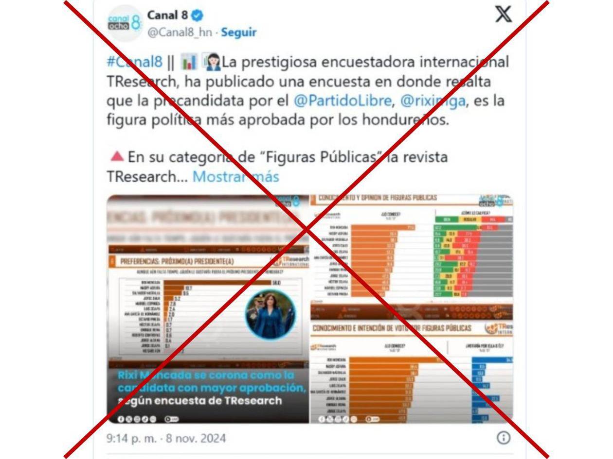 Captura de pantalla a una publicación en X sobre la falsa encuesta de Tresearch sobre Rixi Moncada.