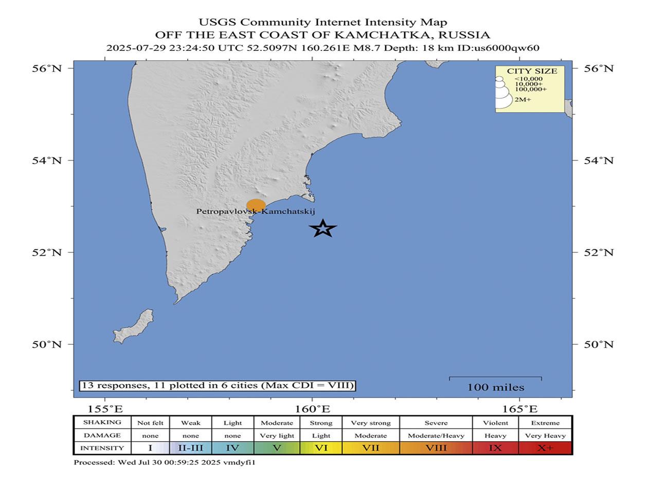 Estados Unidos emite alerta de tsunami por sismo de 8,8 en península rusa