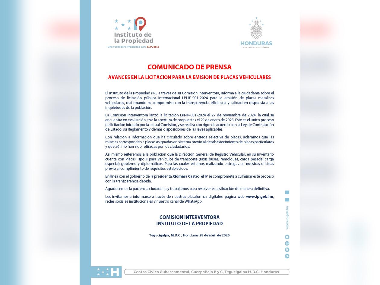 Avances en la licitación para la emisión de placas vehiculares