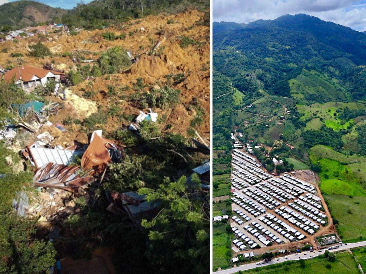 El antes y el después. De un lado, la aldea La Reina tras el derrumbe que destruyó toda la comunidad. A la derecha, una vista aérea de toda la colonia y las áreas verdes que se distribuyeron con sus respectivos títulos de propiedad.