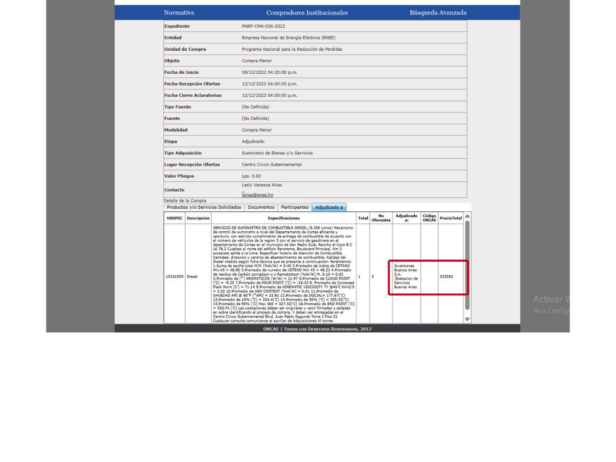 En HonduCompras, el proceso aparece en fase de adjudicación por más de 225 mil lempiras.
