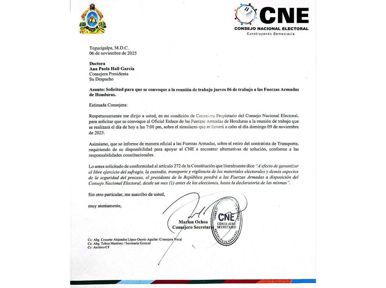 Escrito enviado por Marlon Ochoa a Ana Paola Hall sobre el transporte del material electoral.