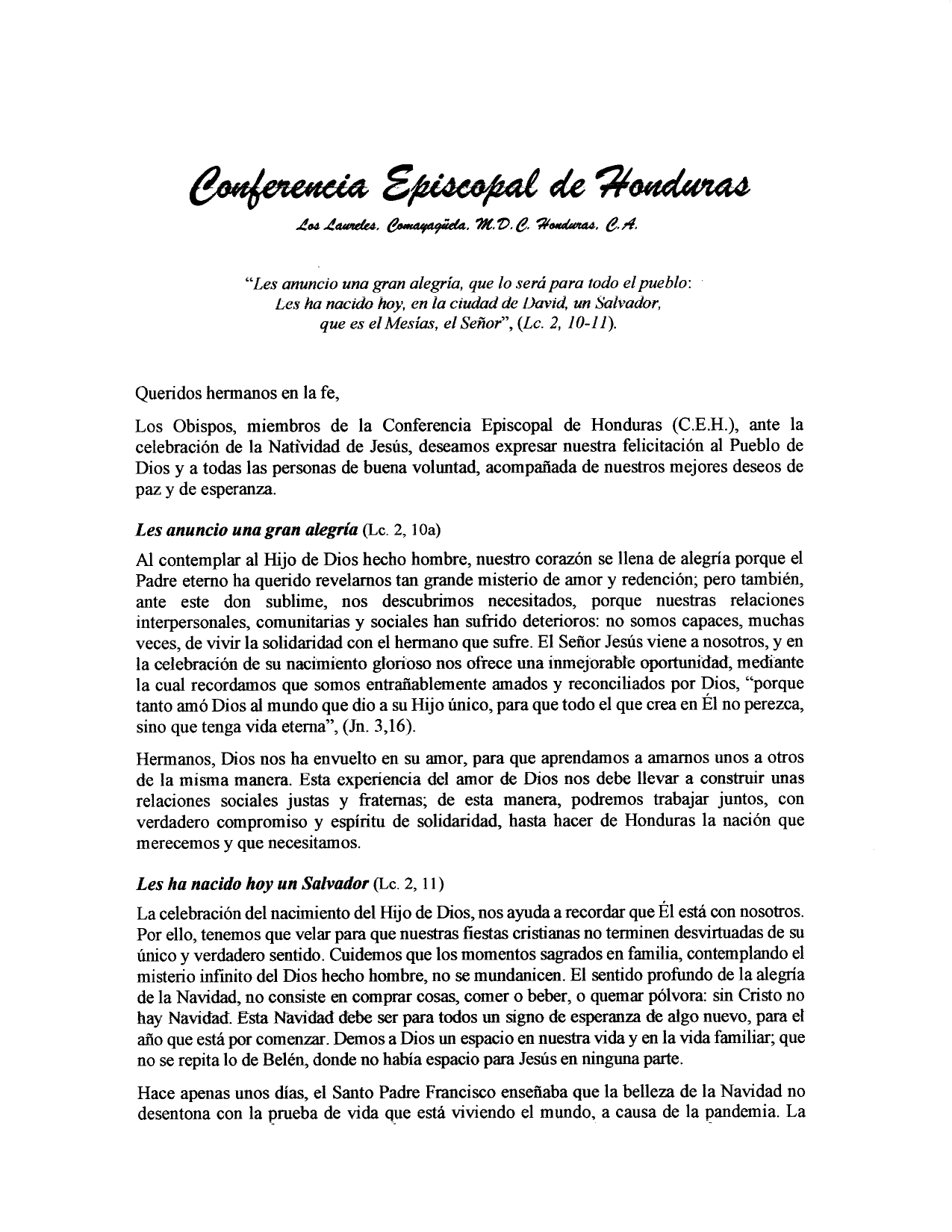 Conferencia Episcopal pide prevalezcan la solidaridad y generosidad en esta Navidad