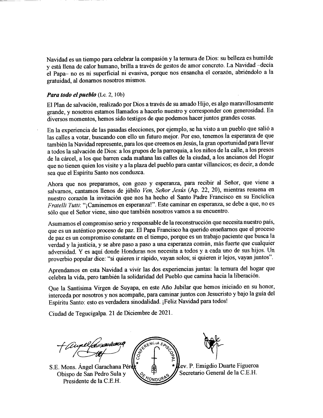 Comunicado íntegro de la Conferencia Episcopal de Honduras.