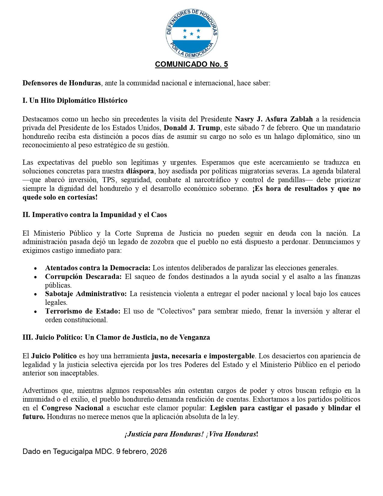 Cominicado oficial de la organización Defensores de Honduras.