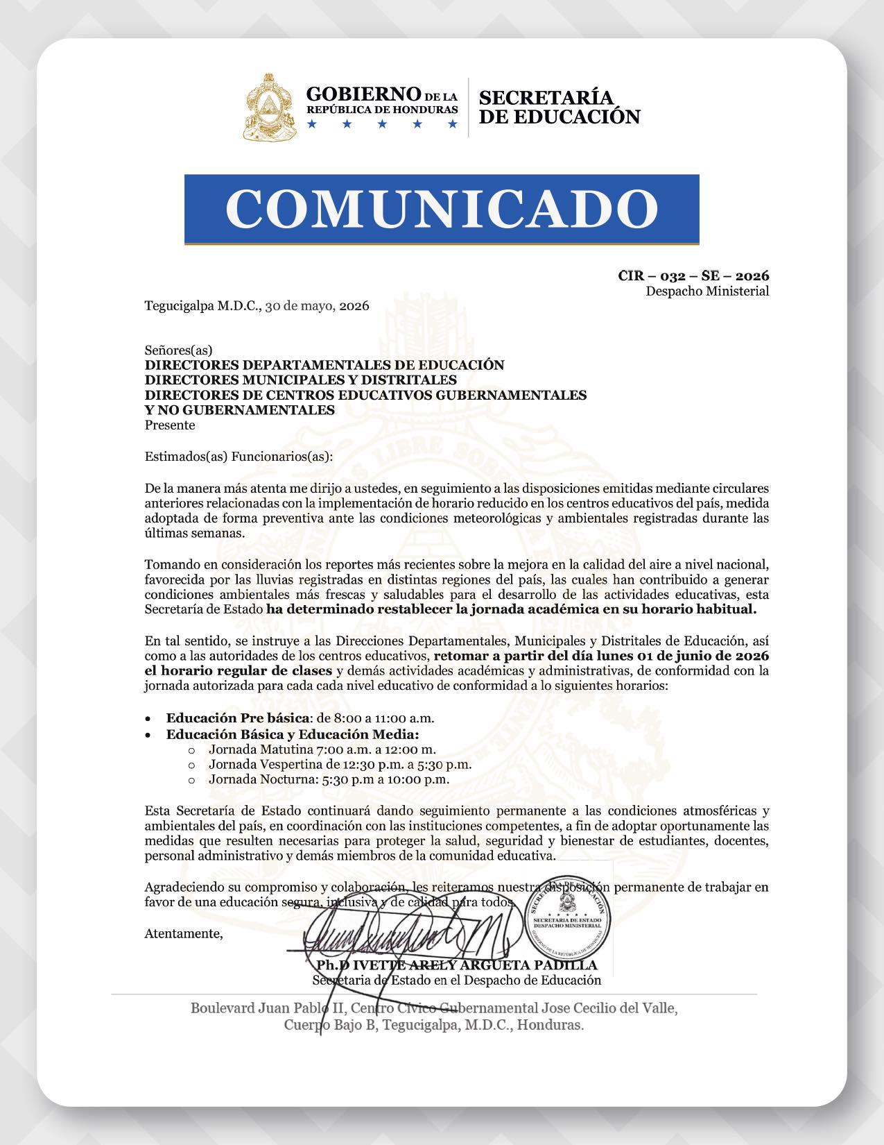 La Secretaría de Educación informó que a partir del lunes 1 de junio de 2026 se restablecerá el horario habitual de clases.