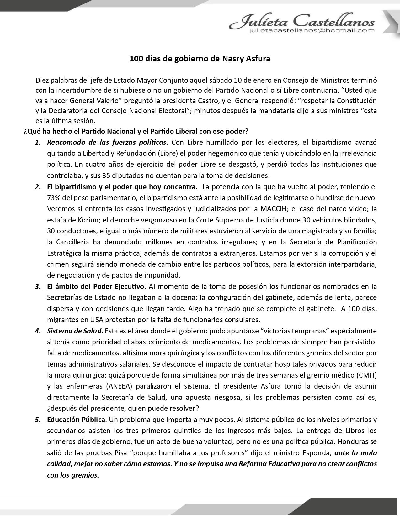 Carta de Julieta Castellanos sobre los primeros 100 días de gobierno de Nasry Asfura