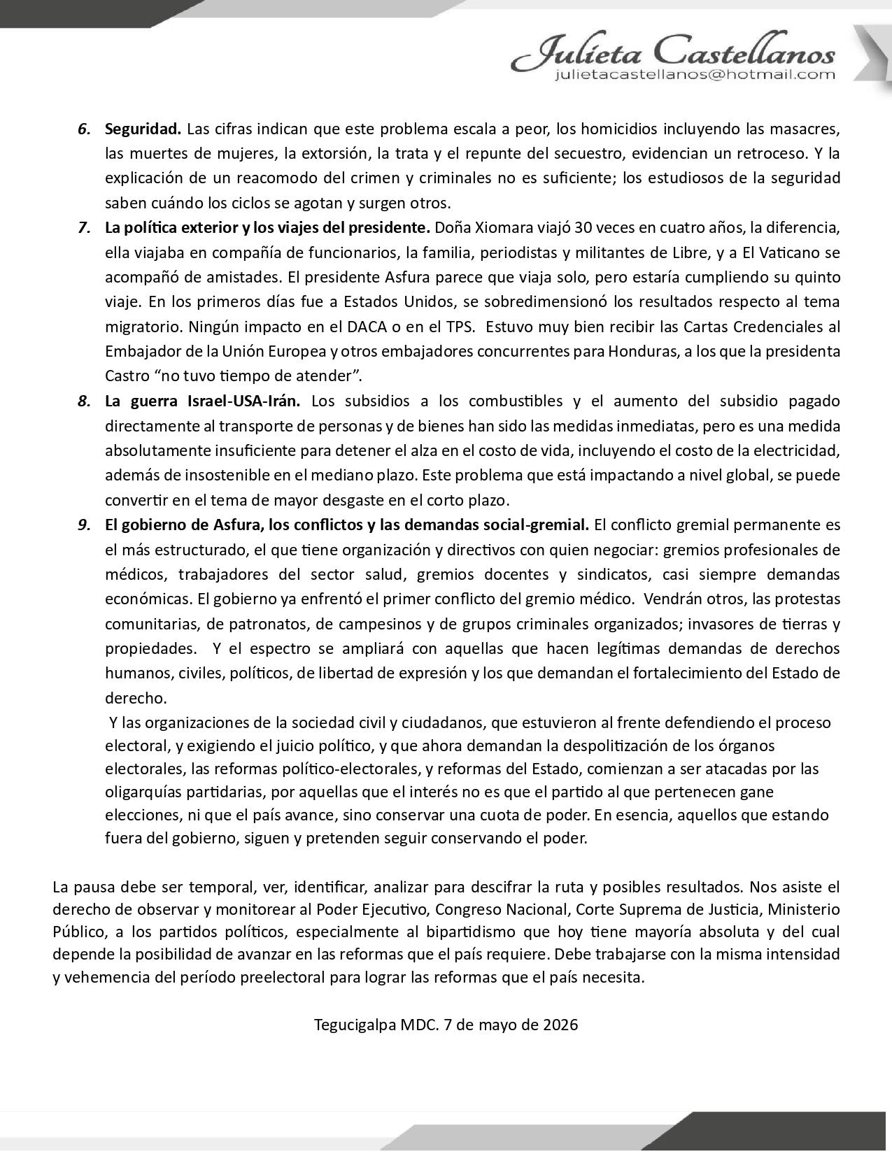Carta de Julieta Castellanos sobre los primeros 100 días de gobierno de Nasry Asfura