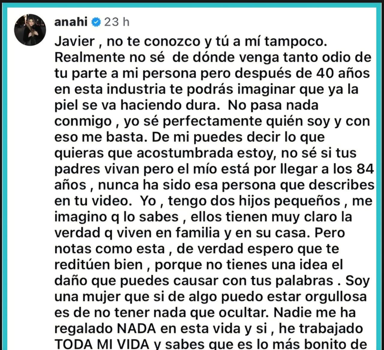 Anahí decidió responderle a Javier Ceriani. En su mensaje, reiteró que mantiene la tranquilidad respecto a su versión de los hechos y agradeció el respaldo de quienes han seguido su carrera.