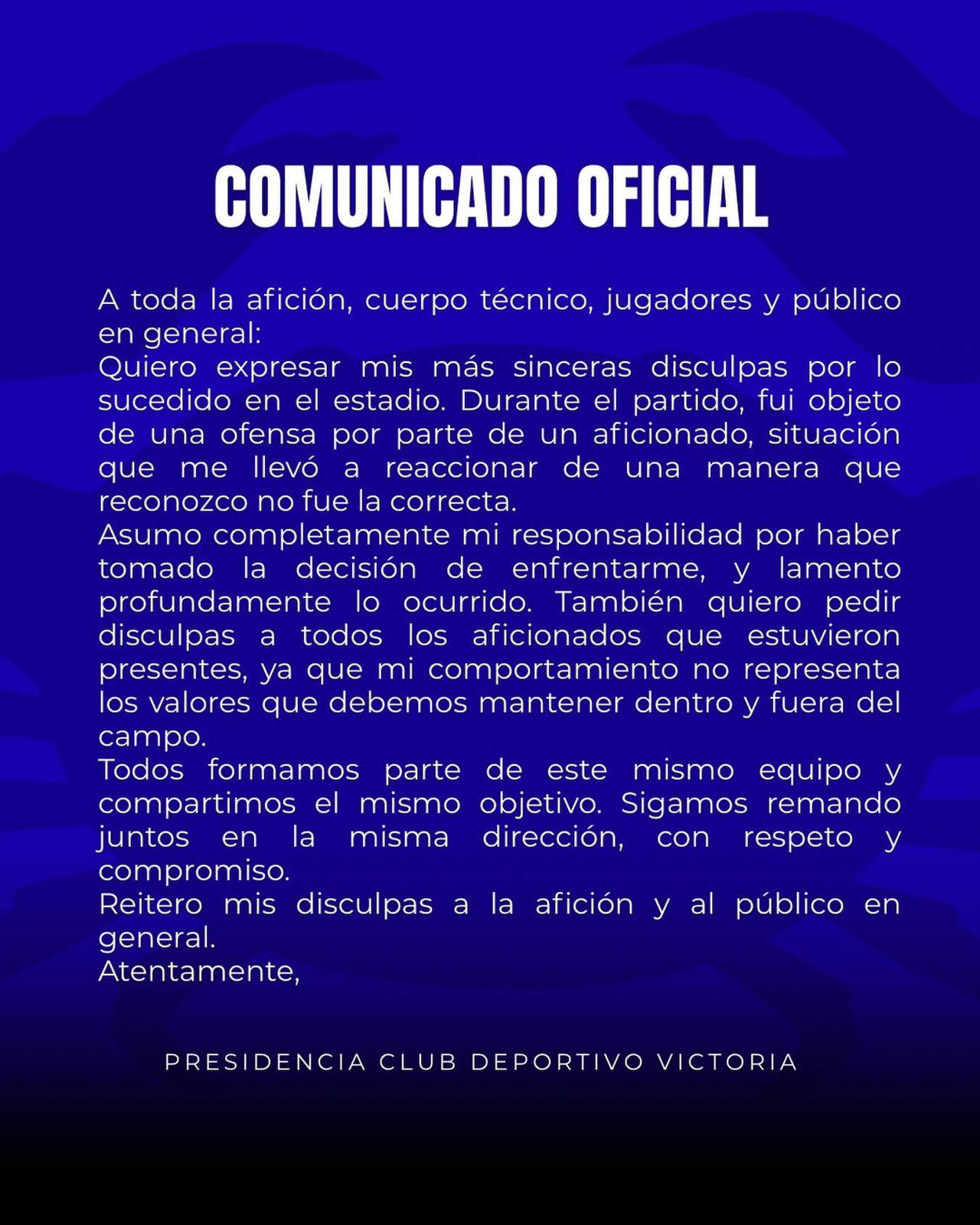 El comunicado por parte del Victoria tras la derrota ante el Choloma.
