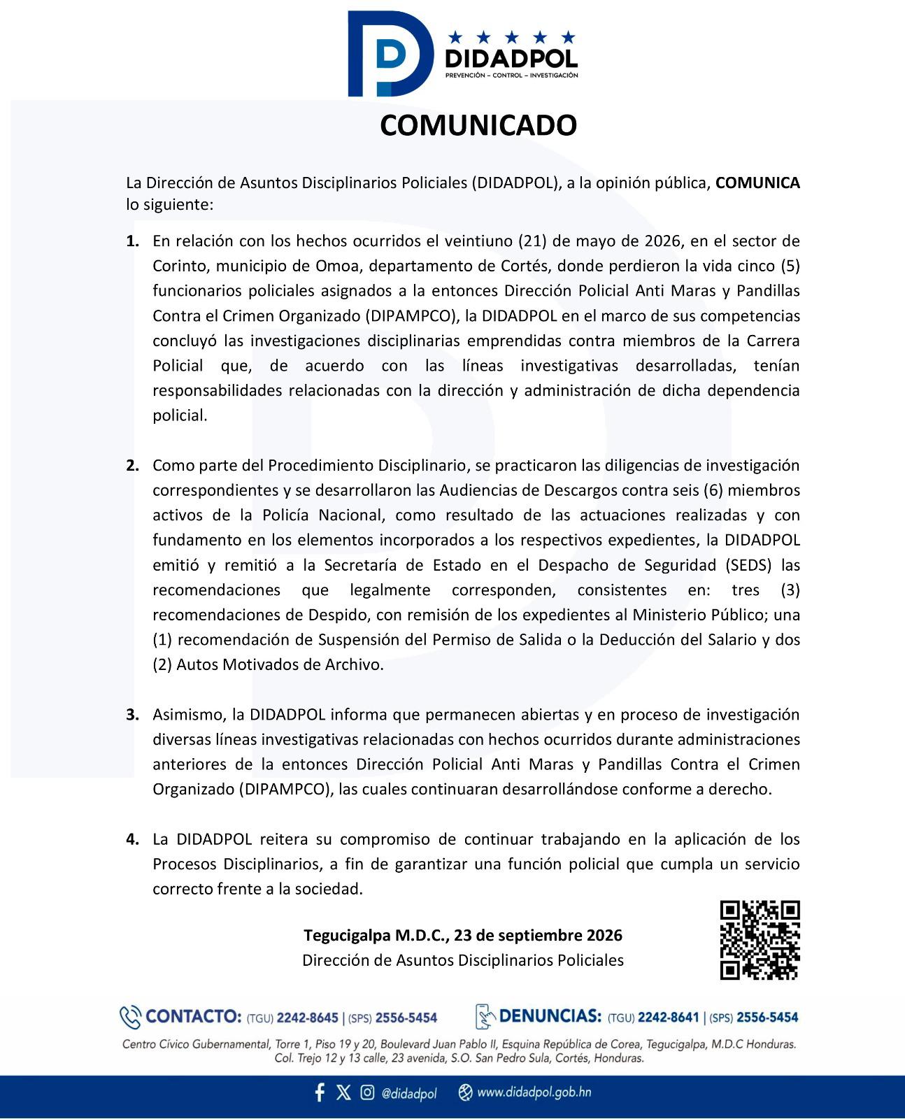 Comunicado oficial de la Didadpol.