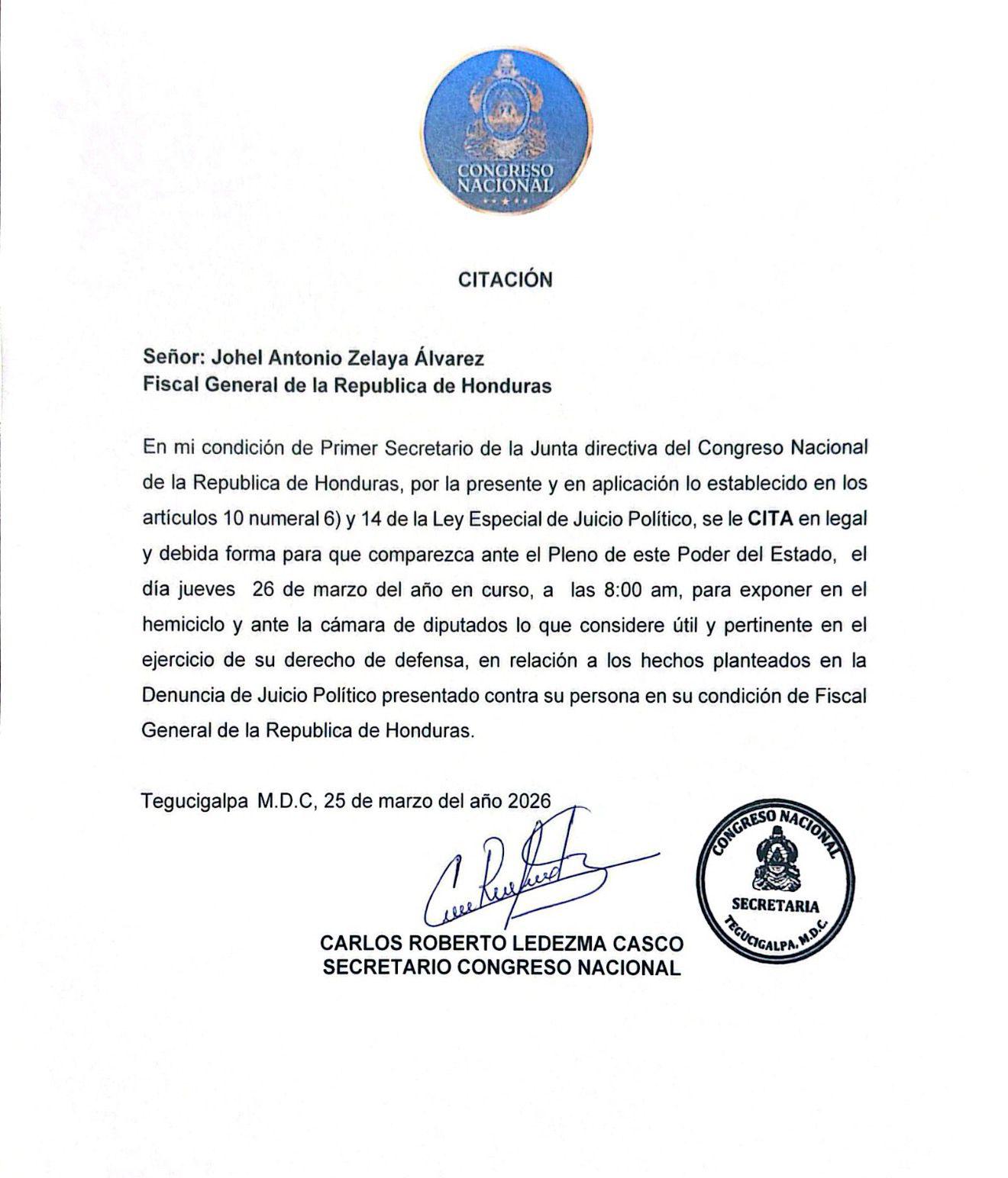 Convocatoria oficial del Congreso Nacional a Johel Zelaya este jueves a las 8:00 de la mañana.