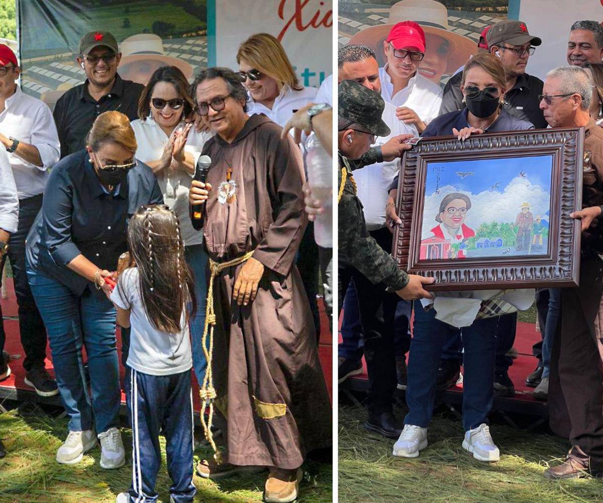 La presidenta Xiomara Castro usó mascarilla ya que se encontraba enferma. Celebró con los niños su día, y el hermano franciscano Emilio G. le entregó una pintura conmemorativa que hizo gracias a su talento.