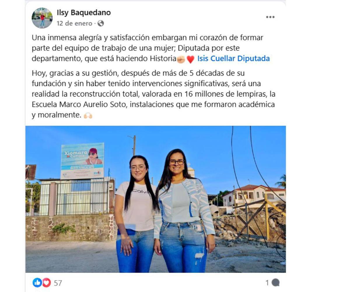 Ilsy Valeska Baquedano Mejía en su Facebook junto a la diputada de Libertad y Refundación (Libre), Isis Cuéllar.