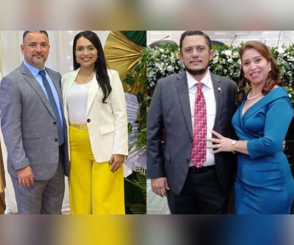 En la imagen aparecen Nery Casaña junto a su esposa Nidia Corea (izquierda), y Edgardo Casaña con su esposa Bella Sabillón (derecha), quienes figuran en registros del sistema educativo como beneficiarios de asistencias técnicas en Santa Bárbara.