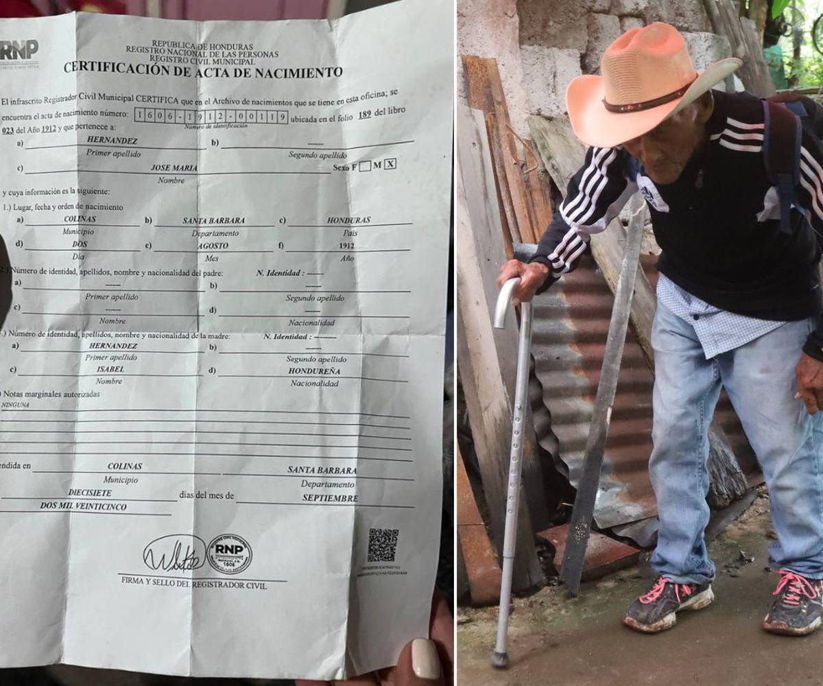 La partida de nacimiento extendida por el Registro Nacional de las Personas de Colina confirma la edad de don Chemita. Aunque camina encorbado, porque durante toda su vida jaló sacos de maíz y café en sus espalda, sus piernas le responden bien. Siempre va apoyado de su bastón.