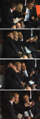 Obama, el primer ministro británico, David Cameron y la ministra de Dinamarca aprovecharon la oportunidad de tomarse una 'selfie' (una auto-foto) durante el homenaje a Nelson Mandela.