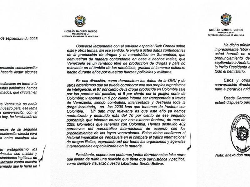 La carta enviada por el presidente de Venezuela, Nicolás Maduro, a su homólogo de Estados Unidos, Donald Trump.