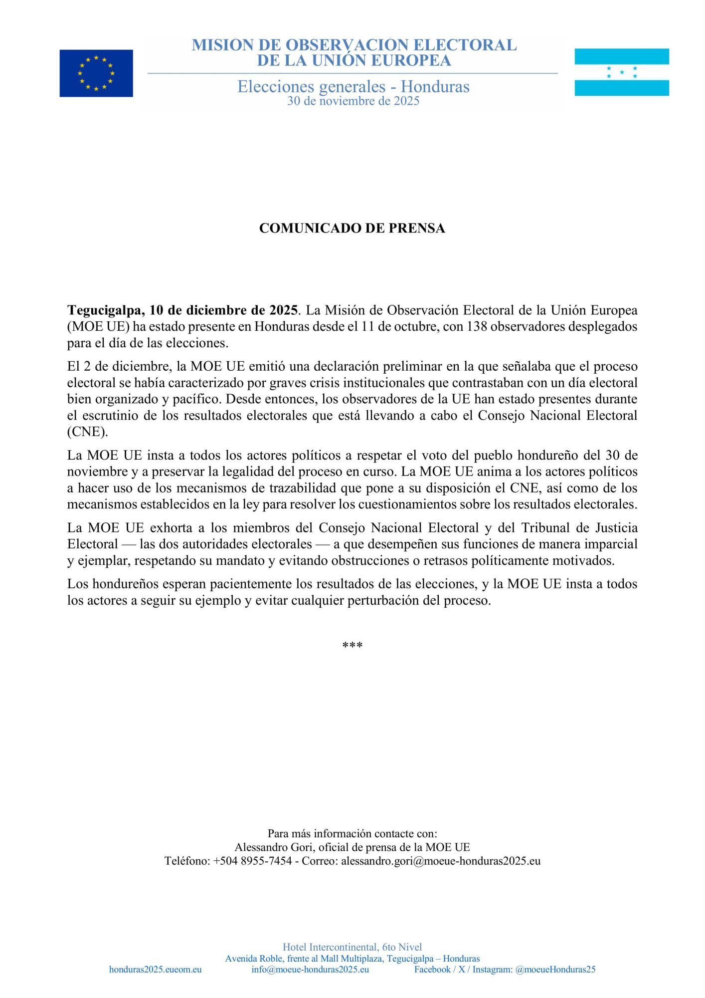 Comunicado de la MOE UE.