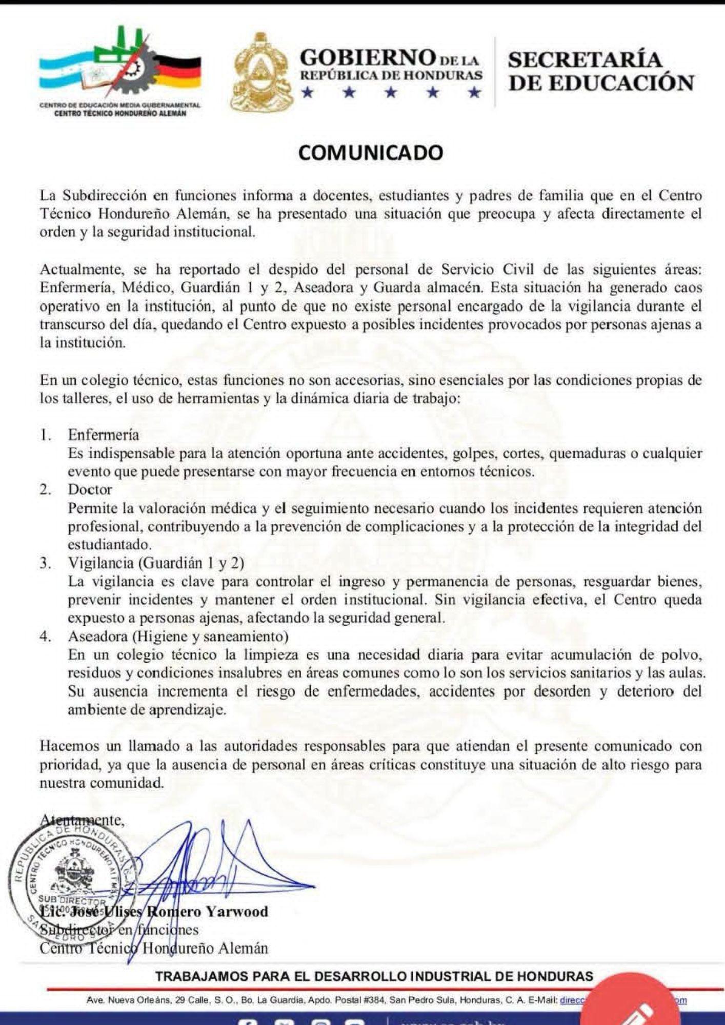 El Centro Técnico Hondureño Alemán hizo público un pronunciamiento en el que manifiesta su preocupación por la situación administrativa del instituto y la separación de personal.