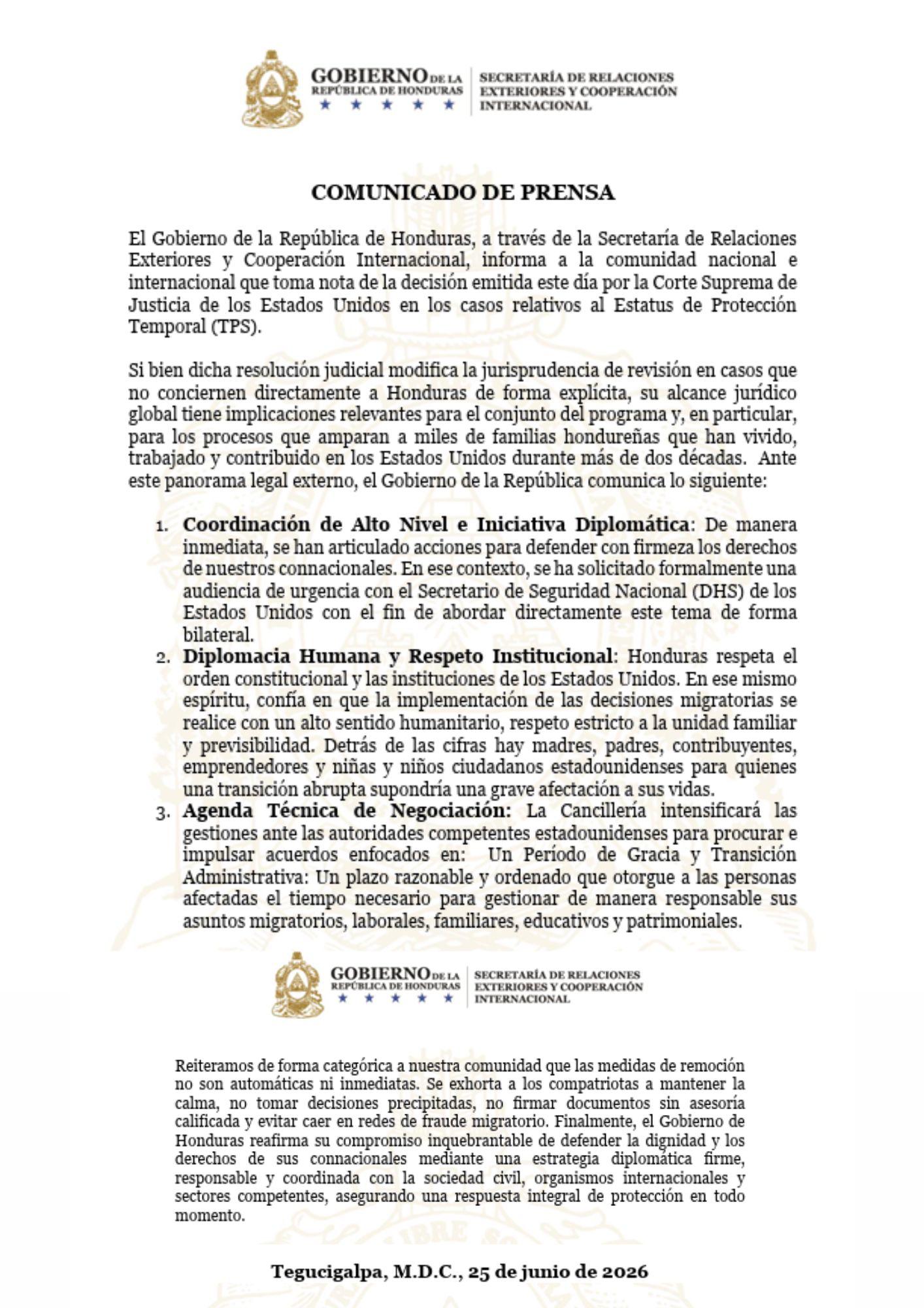 La Cancillería hondureña pidió a los connacionales mantener la calma, buscar asesoría calificada y evitar caer en redes de fraude migratorio.