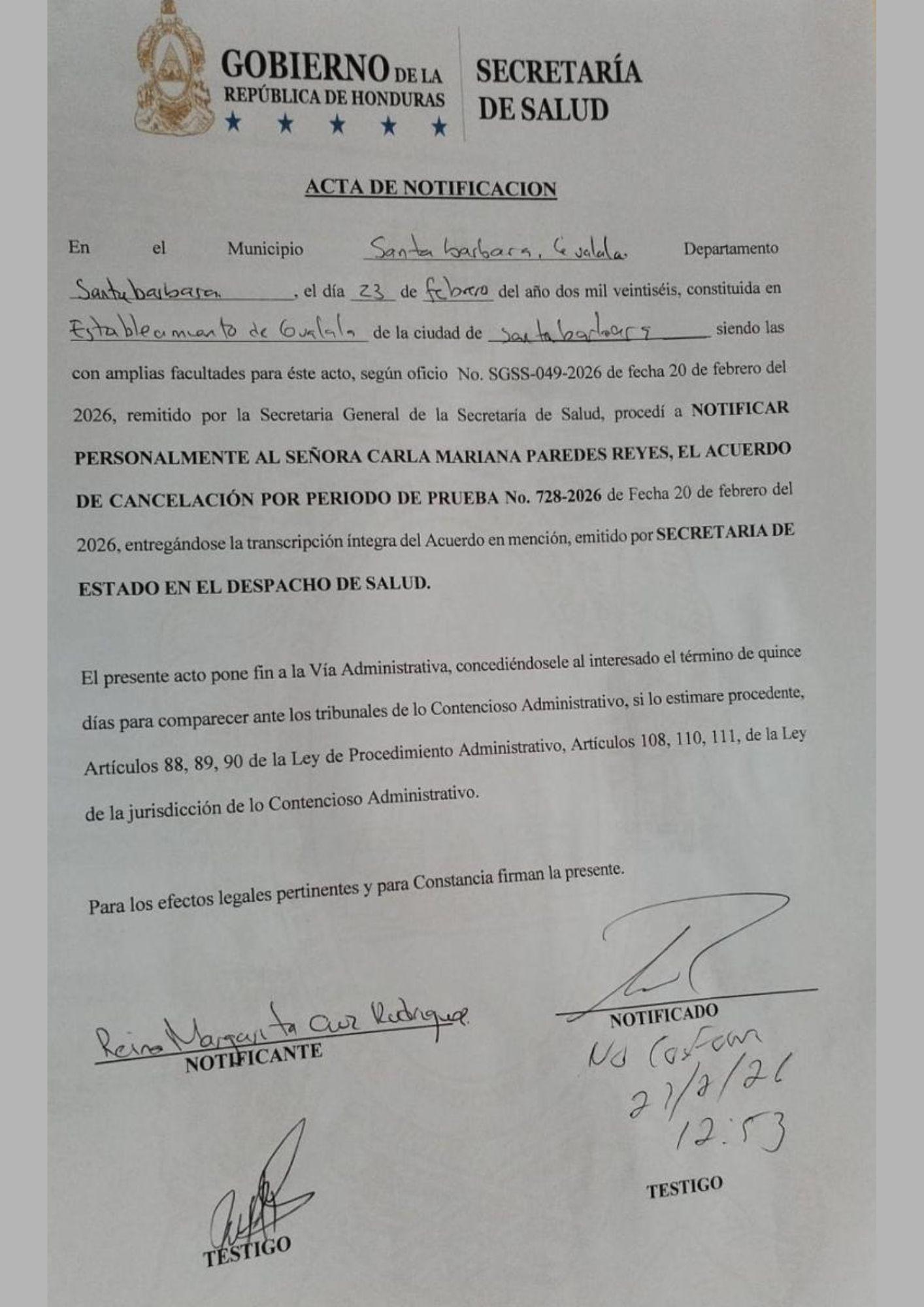 La notificación fue entregada personalmente a la exministra de Salud en el municipio de Gualala, Santa Bárbara. (Foto: Cortesía)