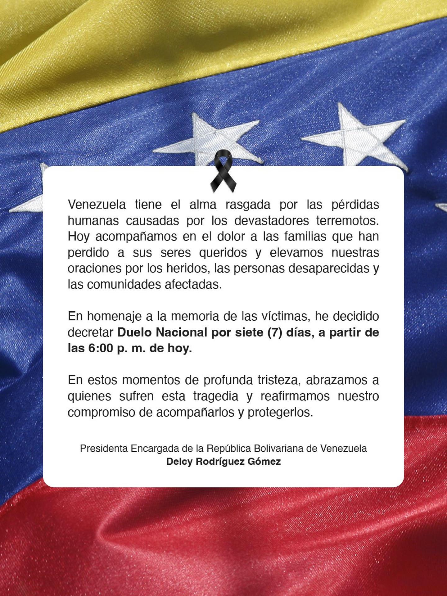 Fotografía tomada de la cuenta oficial de X @delcyrodriguezv de la presidenta encargada de Venezuela, Delcy Rodríguez, que muestra un mensaje en el que declara duelo nacional por siete días a partir de este miércoles.
