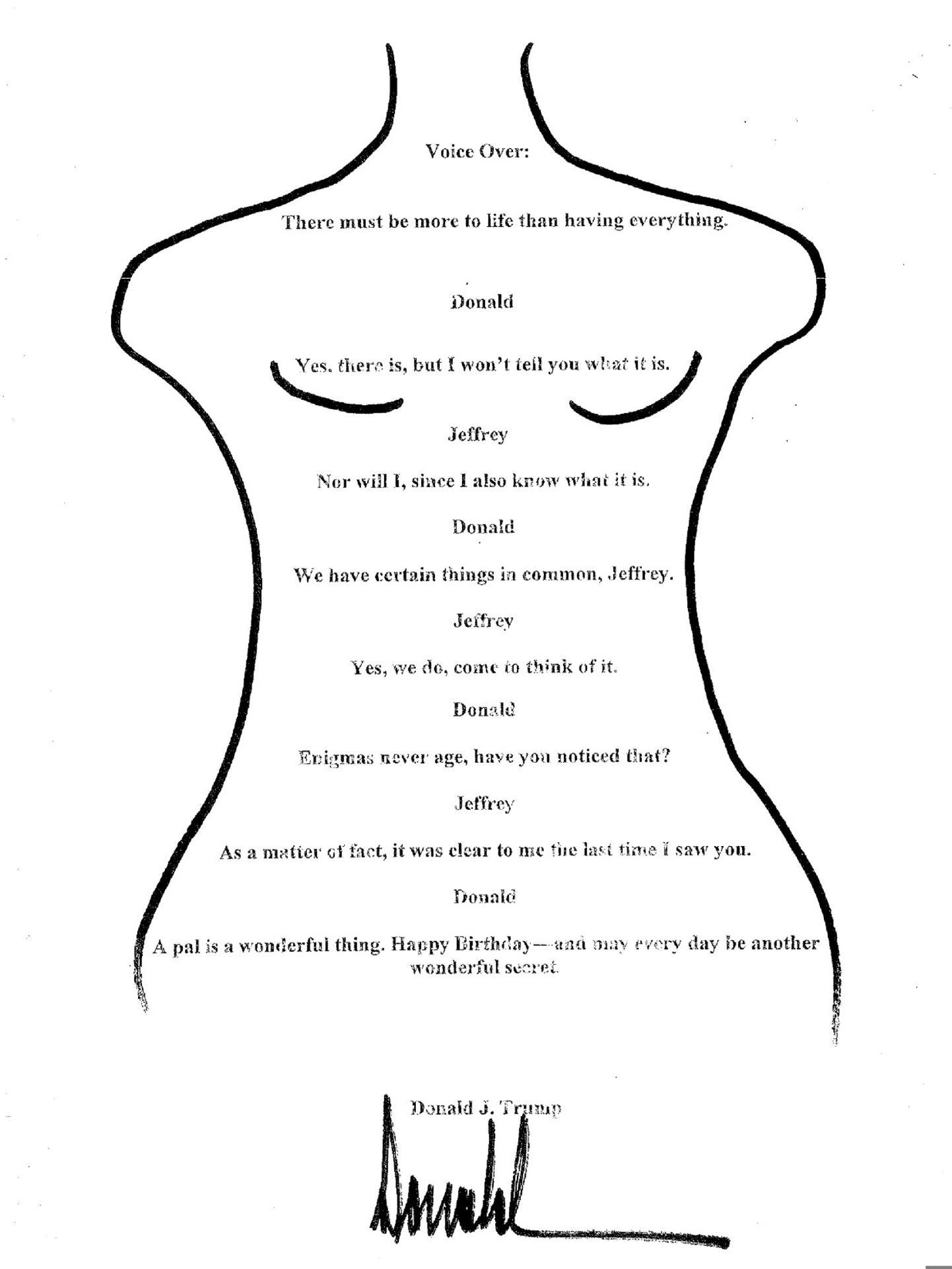 Imagen tomada de la cuenta oficial @OversightDems en la red social X donde se observa un dibujo supuestamente hecho por el presidente de Estados Unidos, Donald Trump, el cual le regaló a Jeffrey Epstein.