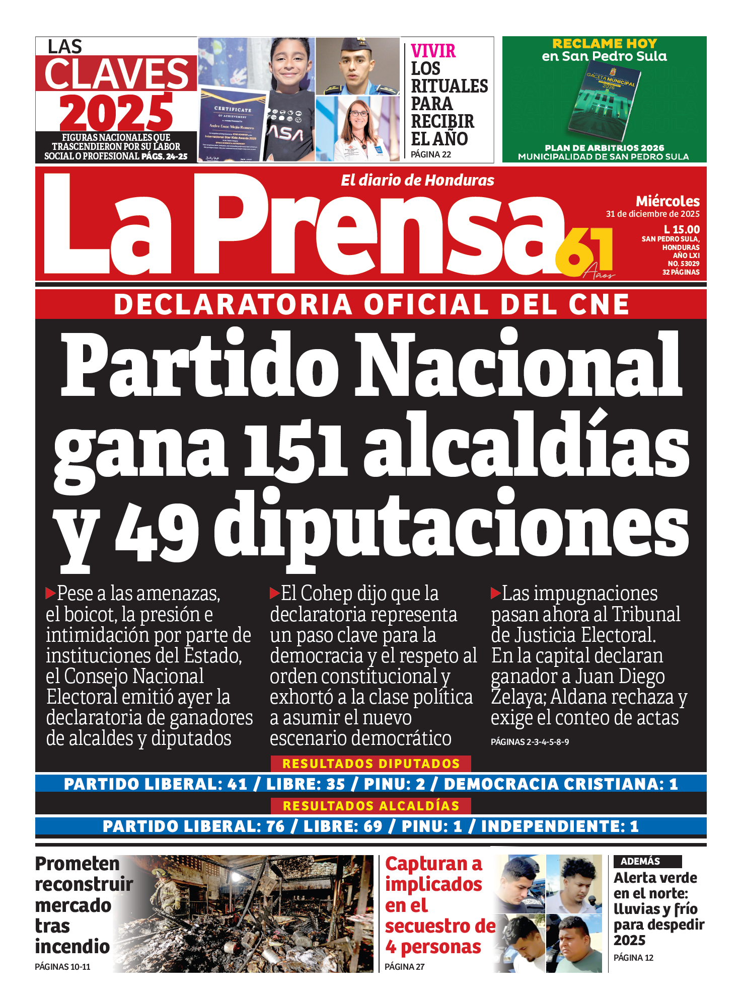 Partido Nacional gana 151 alcaldías y 49 diputaciones