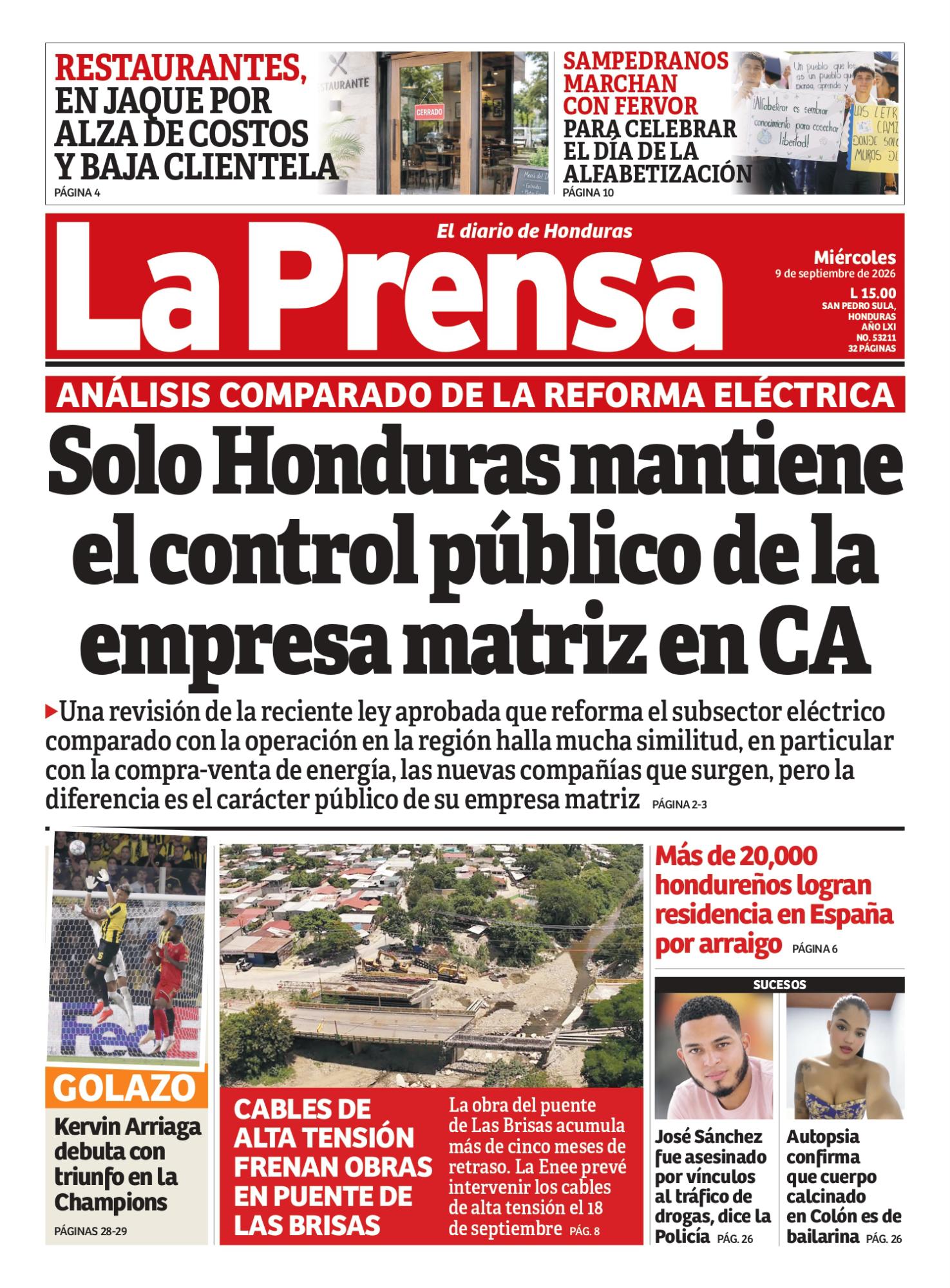 Portada de la edición impresa de Diario LA PRENSA de este miércoles 9 de septiembre de 2026.