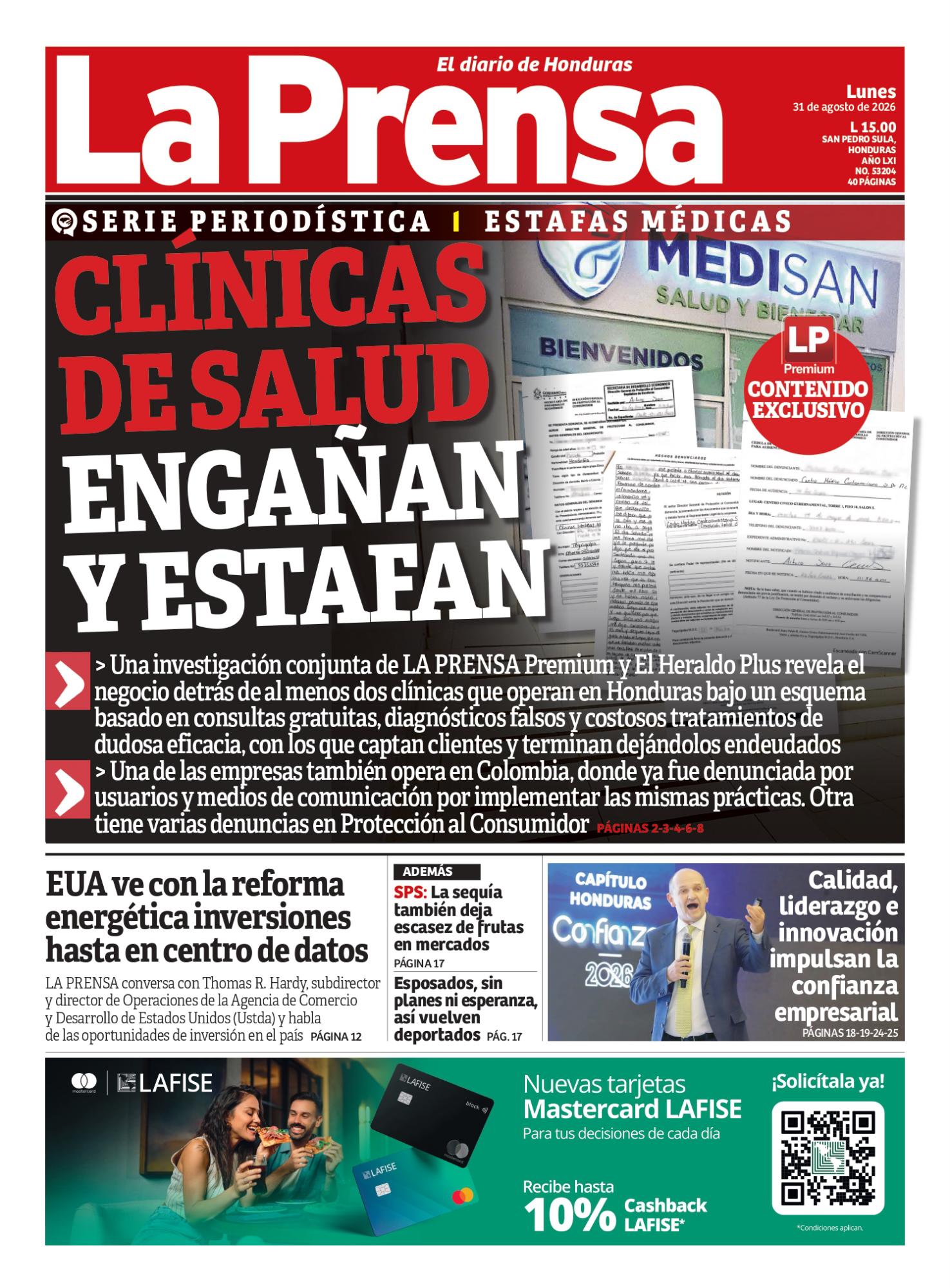 Portada de la edición impresa de DIARIO LA PRENSA del 31 de agosto de 2026.