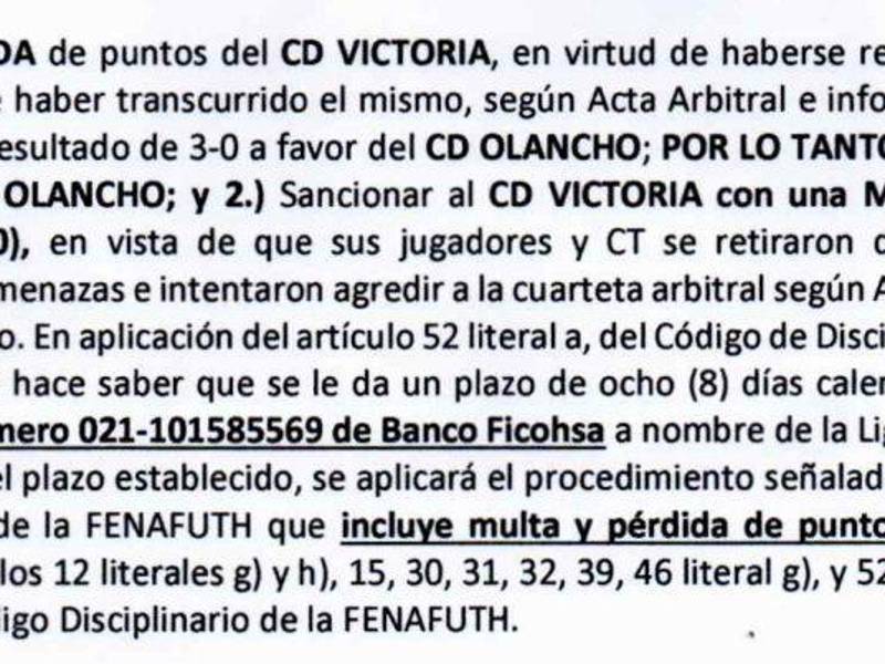 Documento compartido por la Comisión de Disciplina de la Liga Nacional de Honduras.
